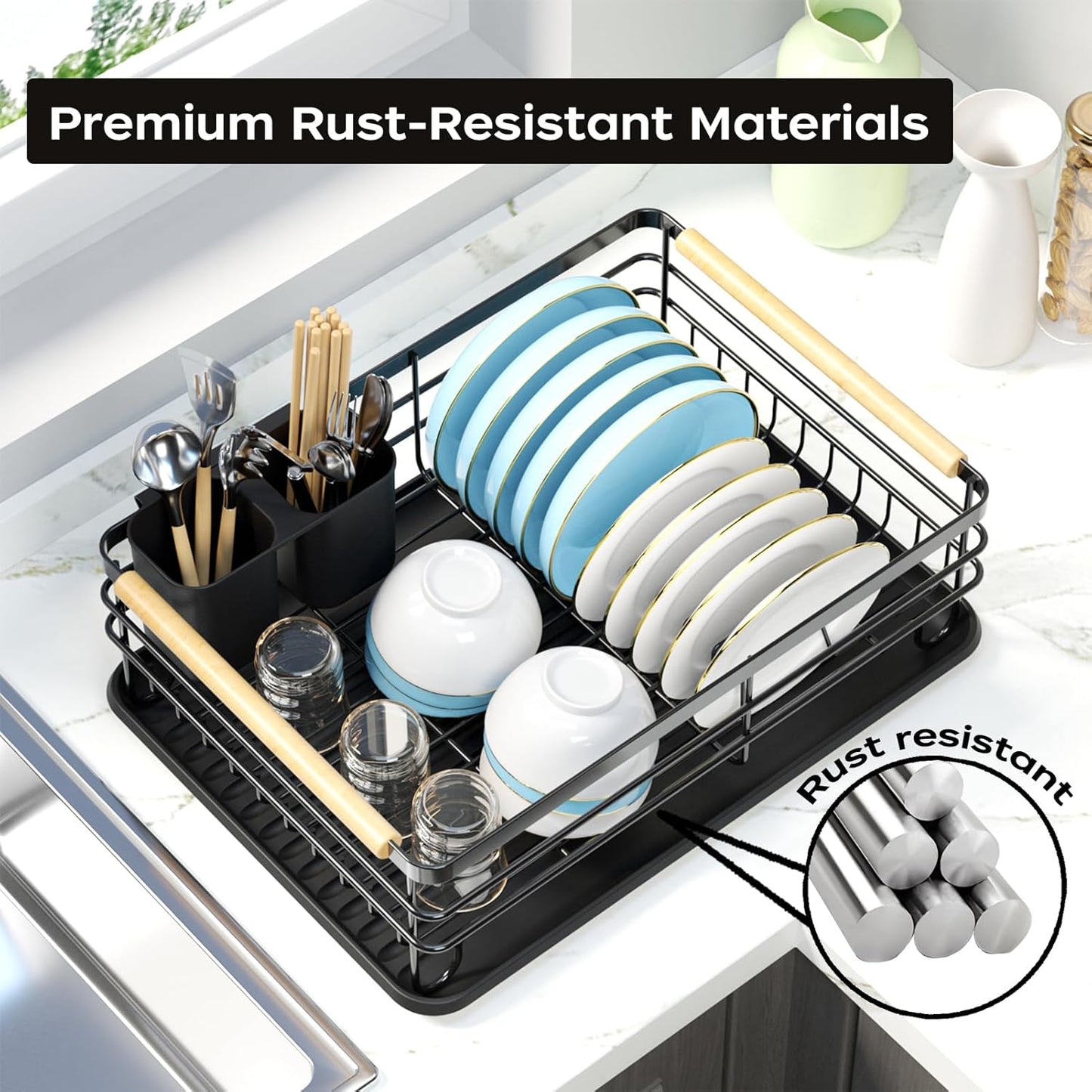 Dish Racks for Kitchen Counter: Wooden Handles, Thickened Metal, No Assembly. Small Dish Drying Rack: Ideal for Small Households. Drying Rack Kitchen: Black