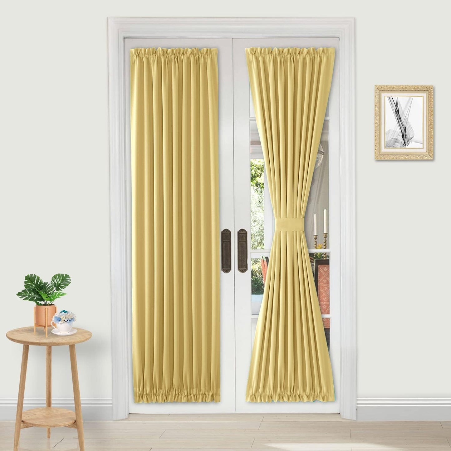 DWCN French Door Curtains – Rod Pocket Thermal Blackout Curtain for Doors with Glass Window, Kitchen and Patio Doors for Privacy, 36 X 72 Inches Long, 1 Curtain Panel with Tieback,Light Yellow