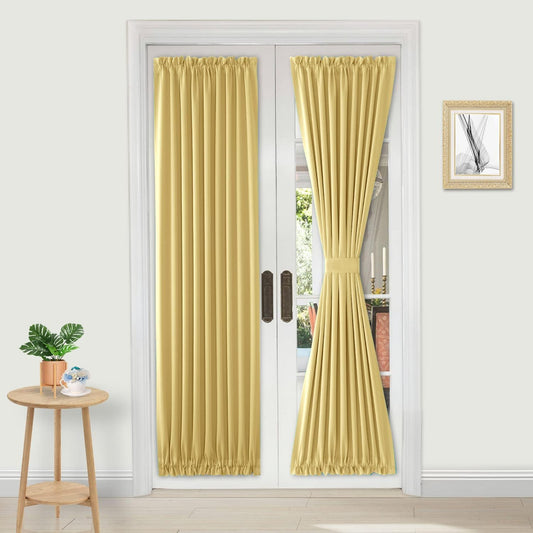 DWCN French Door Curtains – Rod Pocket Thermal Blackout Curtain for Doors with Glass Window, Kitchen and Patio Doors for Privacy, 36 X 72 Inches Long, 1 Curtain Panel with Tieback,Light Yellow