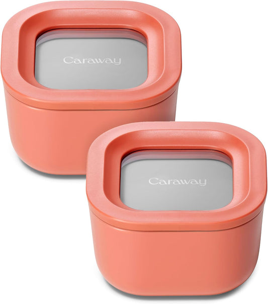Caraway 2pc Glass Food Storage Set - 1.75 Cup Food Containers (2) - Non-Toxic Ceramic-Coated Glass - Air Release Technology - Compact & Stackable Design - Perracotta