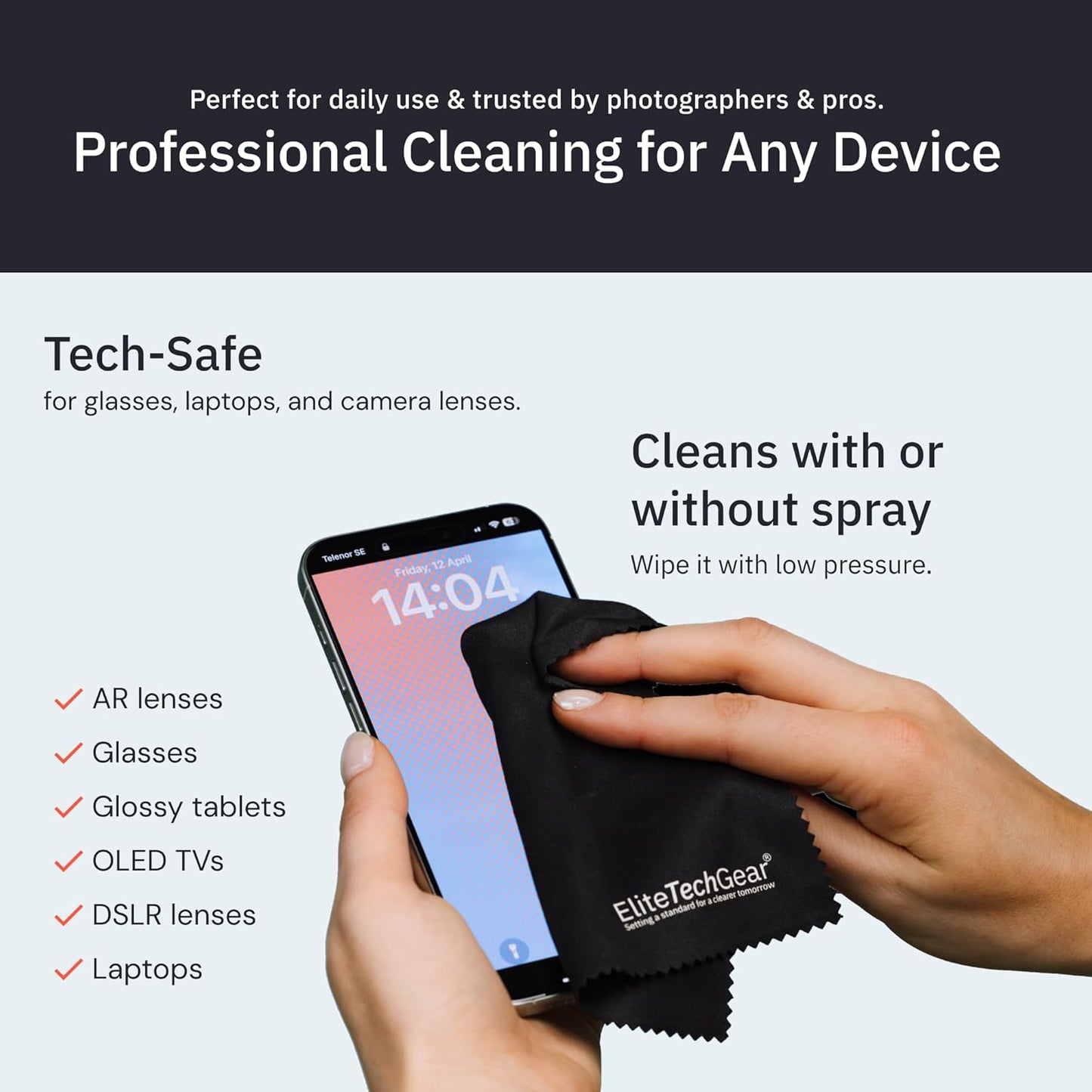 Elite Screens Microfiber Cleaning Cloth for Glasses & Electronics - 12" x 12", Pack of 4, Black - Lens Wipes, Eyeglass Cleaning Wipes & Lens Cloth for Smudge-Free Screens