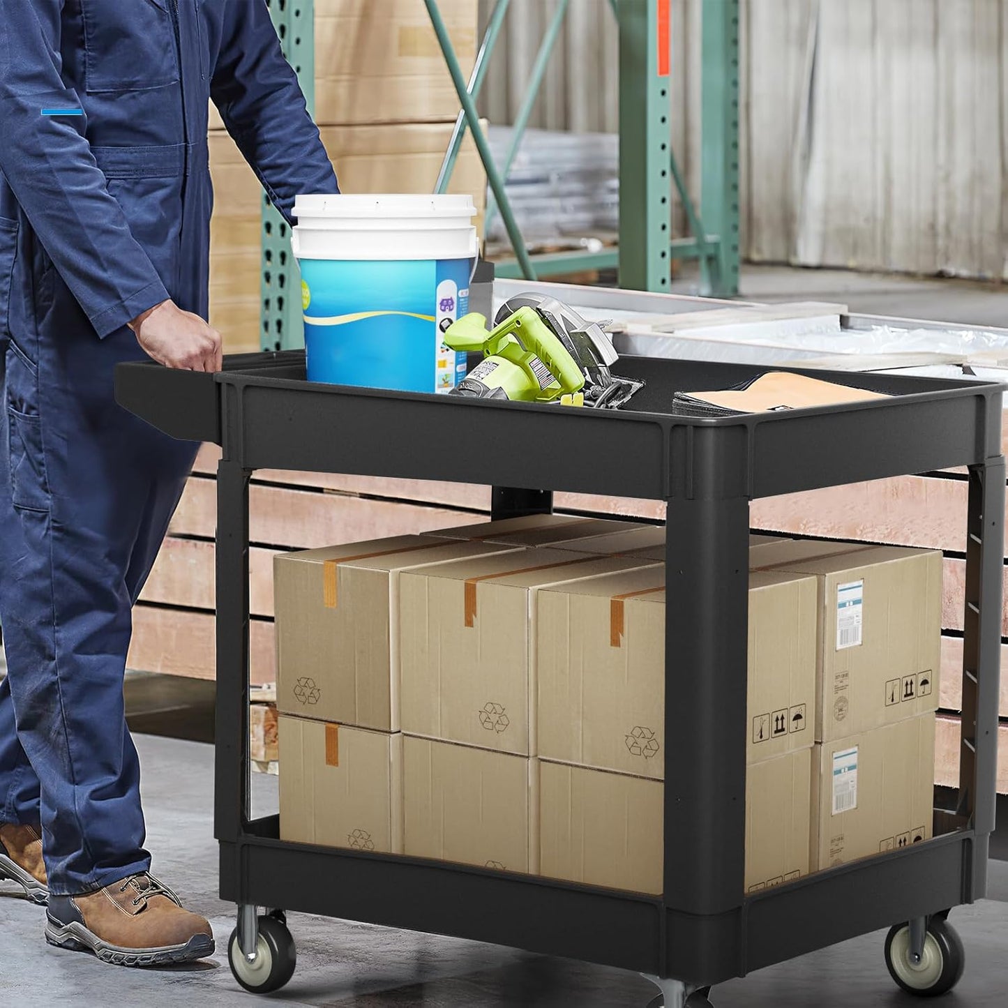 Heavy Duty Rolling Utility Cart with Wheels 2-Tier Utility Plastic Service Work Cart for Shop, Garage, Warehouse, Maintenance 550 lbs