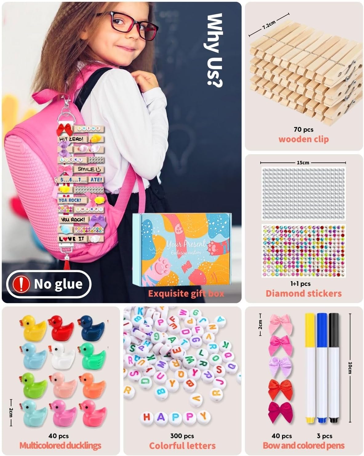 Cheer Pins for Backpack Cheer Stuff Kit 70 Clothes Pins with Mini Resin Ducks Mini Bows Letter Beads Team Cheerleaders Gifts Bulk Pin Me Ribbon for Bag Decorations Spirit Clips Competition Accessories