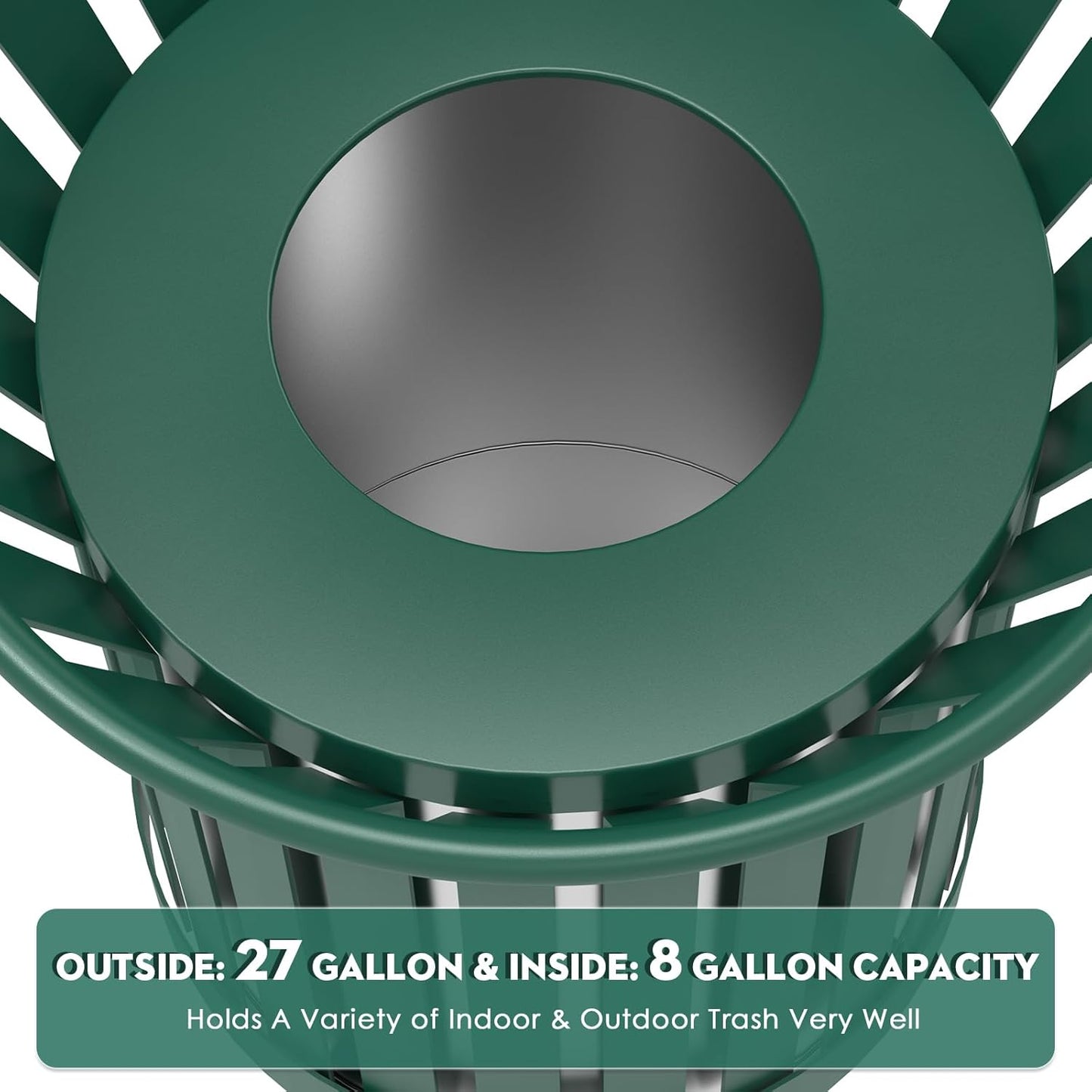 8Gallon Round Large Outdoor Trash Can, Heavy Duty Metal Slatted Garbage Can Outdoor, All Weather Resistant Commercial Garbage Cans, Waste Receptacle in Park, School, Beach, Patio (Green, Medium)