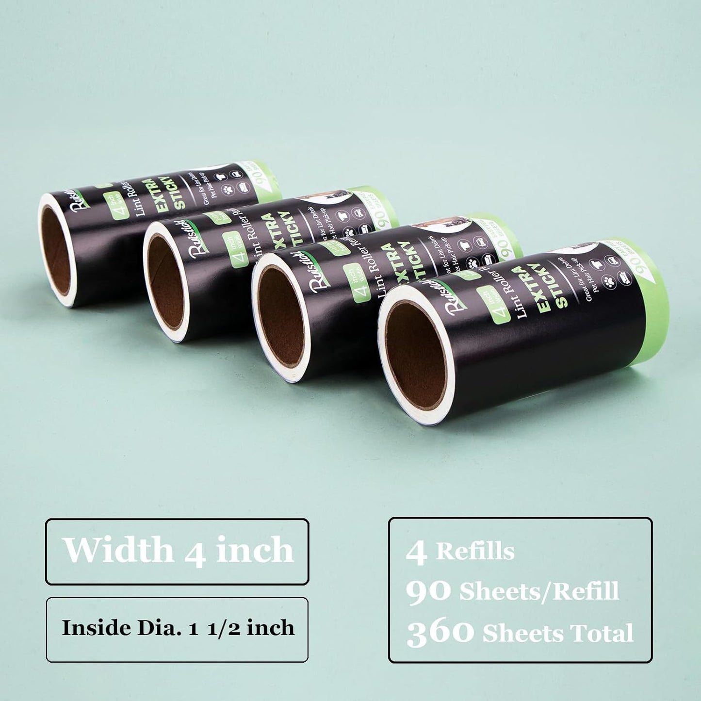 4 inch Lint Roller Refills for Amazon IKEA Evercare and Others, Extra Sticky Lint Remover Roller Refills 4 Pack, 90 Sheets per Refill, 360 Sheets Total (Inside Dia. 1 1/2 inch)