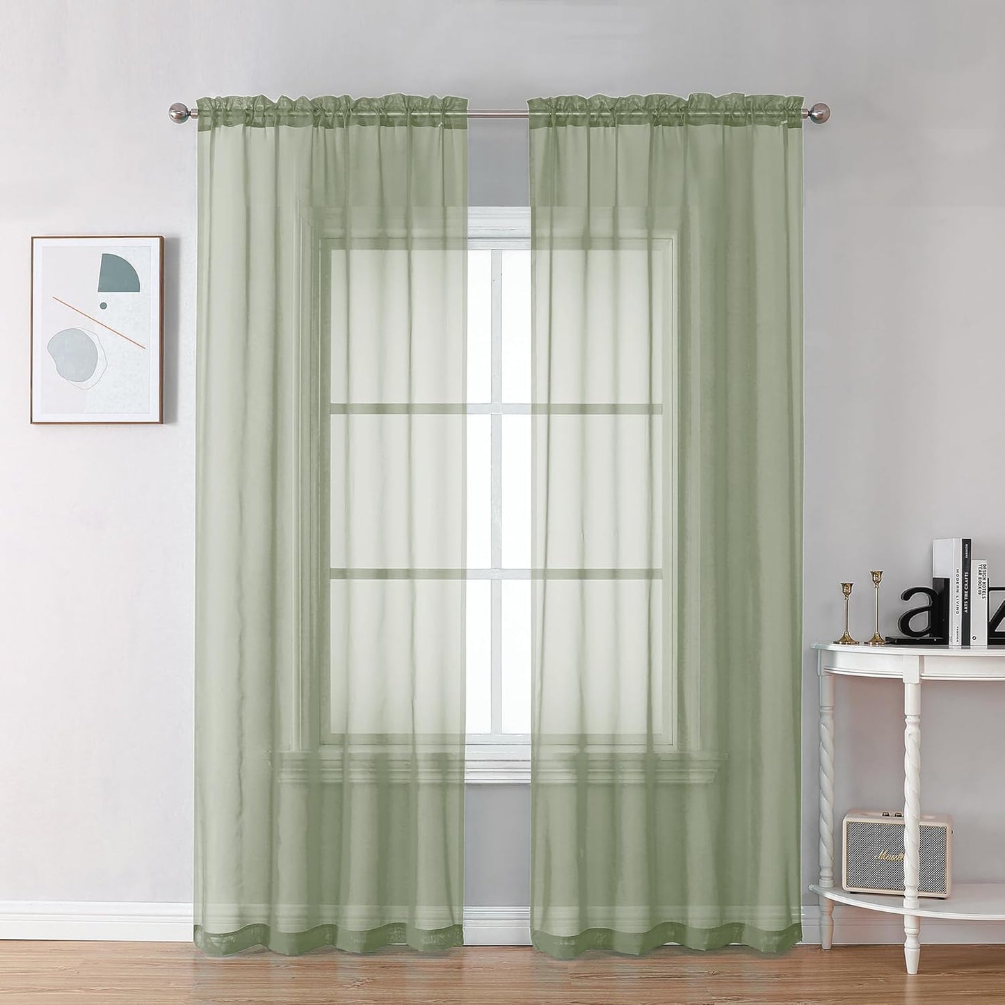 Chyhomenyc Sheer Sage Green Curtains 90 inches Long 2 Panels, Light Filtering Soft Airy Solid Elegant Voile Window Treatment Drapes for Bedroom Living Room Wedding Party Decor, 42 Wx90 L Inches