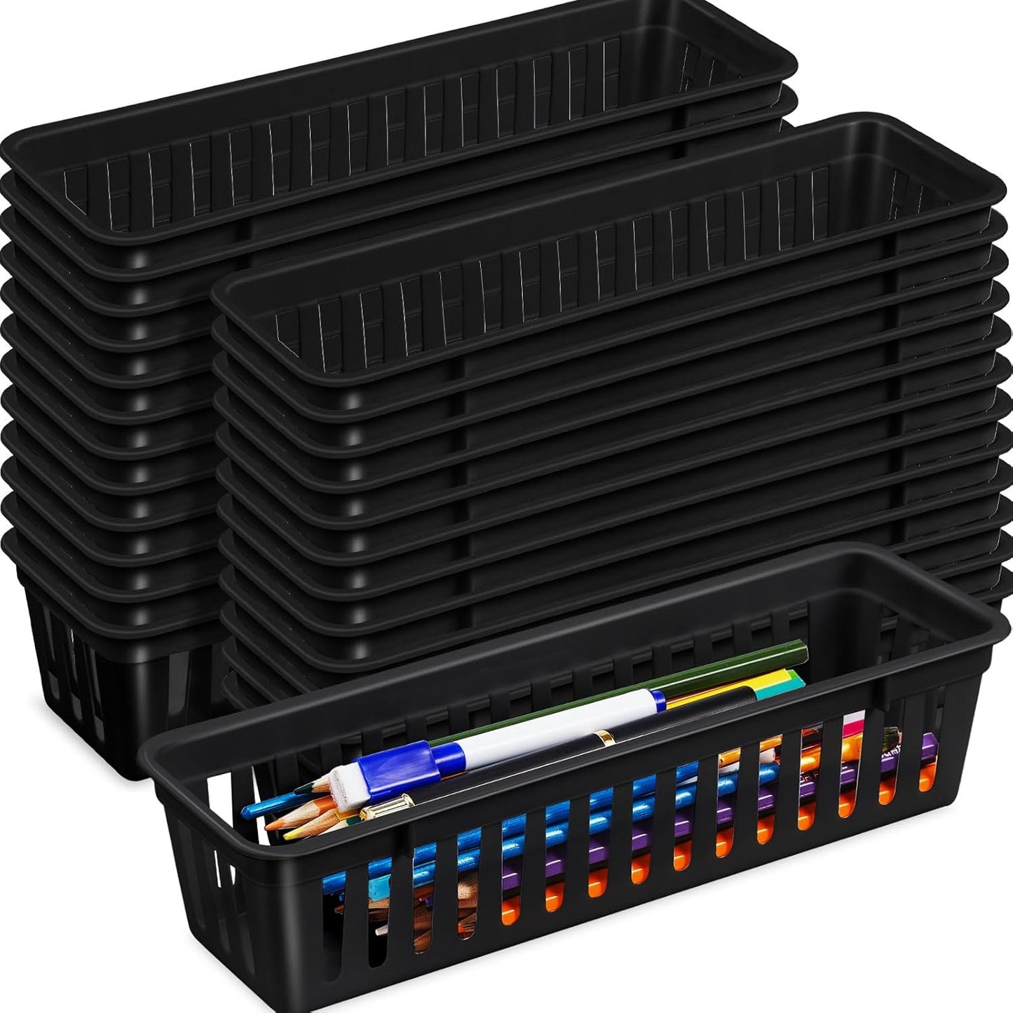 Domensi 24 Pcs Slim Plastic Storage Baskets Tray for Organizing 10.25 x 3.25 x 2.5 Inch Small Storage Bins Stackable Drawer Pencil Trays Holder for Desk Garage Office Containers(Black)