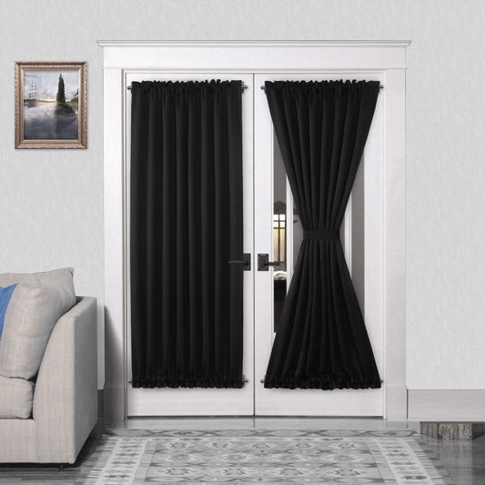 DWCN French Door Curtains – Rod Pocket Thermal Blackout Curtain for Doors with Glass Window, Kitchen and Patio Doors for Privacy, 54 X 72 Inches Long, 1 Curtain Panel with Tieback, Black