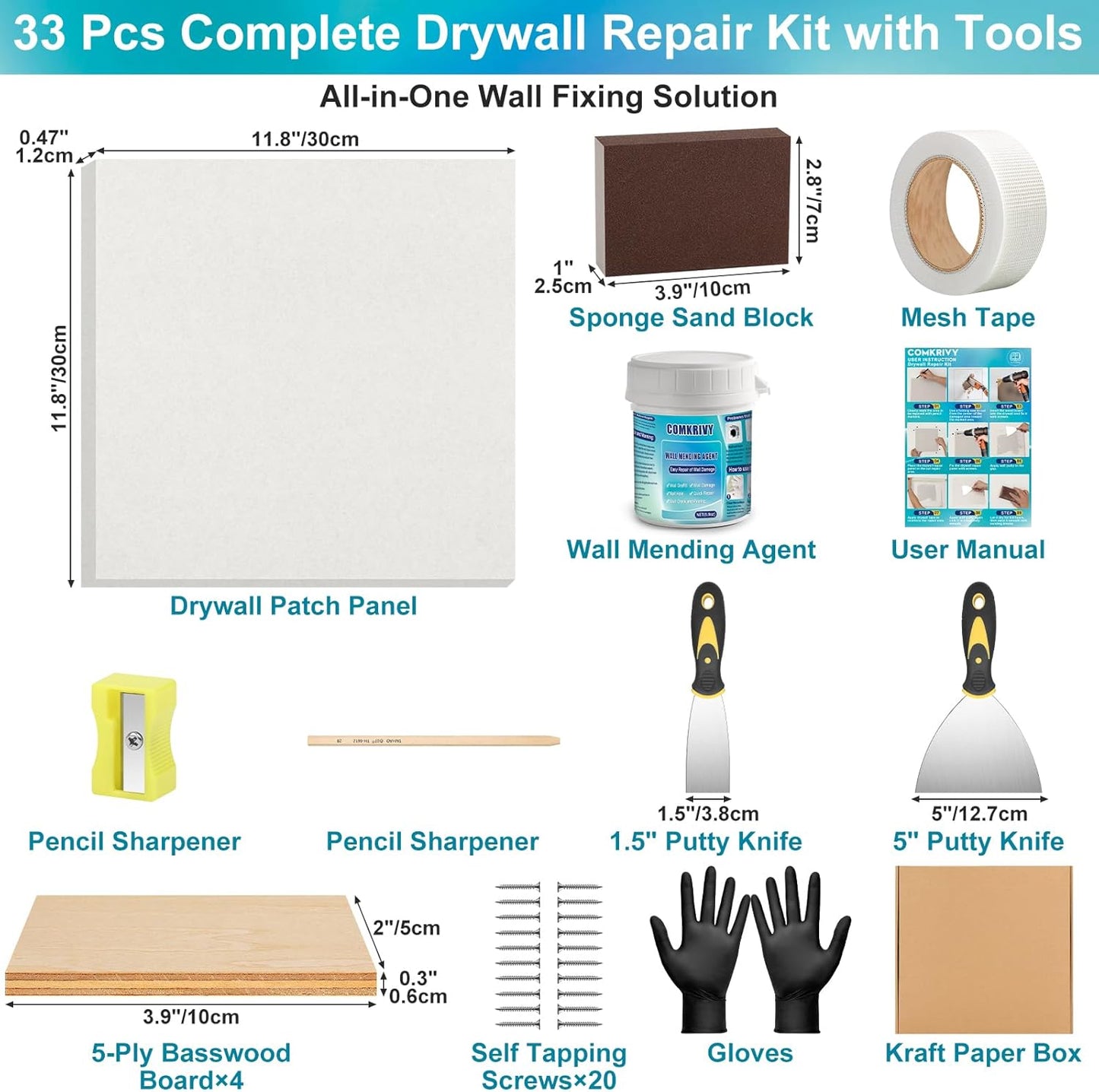 Drywall Repair Kit with 12"x12" Dry Wall Repair Panel, 33-in-One Drywall Patch Kit Wall Patch Repair Kit with Spackle, Mesh Tape, Putty Knives & Sanding Block for Wall Surface Ceiling Large Hole Fill