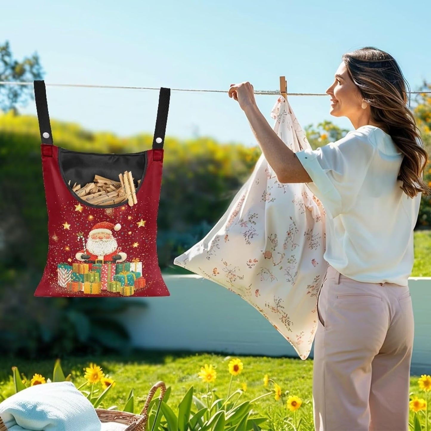 Christmas Santa Claus Clothespin Organizer Bag Shell Beach Clothespin Bags with Hanging Hook Waterproof Clothes Pin Storage Organizer with Large Opening Clothespin Bag