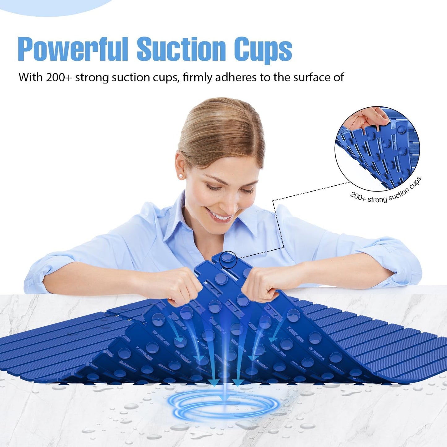 Shower Mat Non-Slip Bath Mat for Tub Floor & Stall with 200+ Suction Cups & Drain Holes, Quick Dry Machine Washable Bathtub Mat, Safe for Elderly& Baby, Bathroom Essentials 24x24 Inch (Blue)