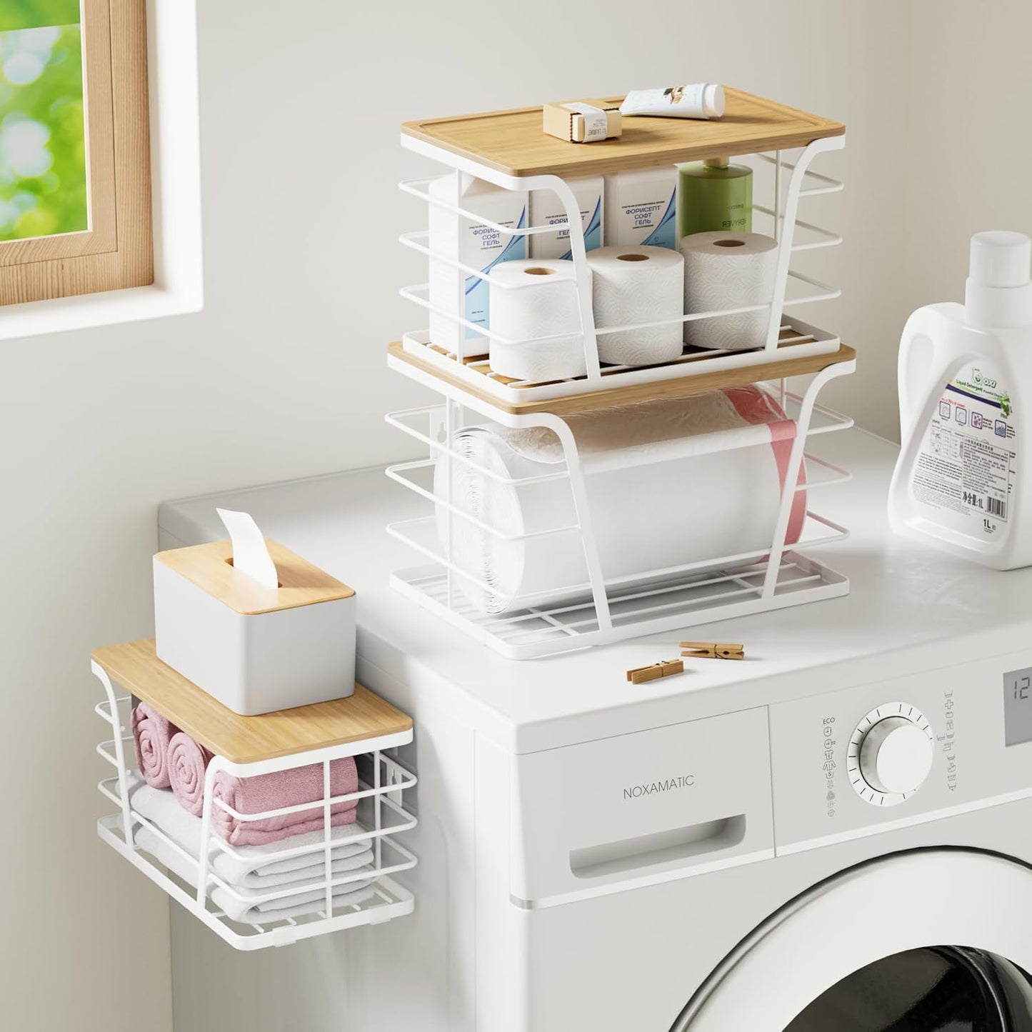 3 Pack Stackable Laundry Room Organization,Trash Bag Dispenser Under Sink, Countertop Organizer, Kitchen Sink Accessories，White