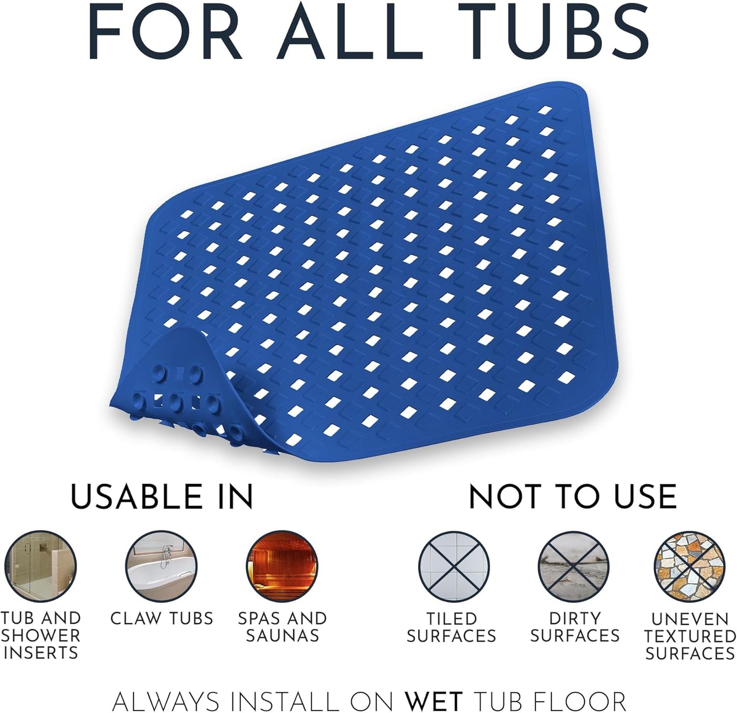 Homerella Anti Slip Shower Mat | Anti Mold Non Slip Bathtub Mat for Inside Shower | Square Floor Shower Mat 21 x 21 inch with Suction Cups for Grip & Hooks Hanging and Quick Drying | Machine Washable