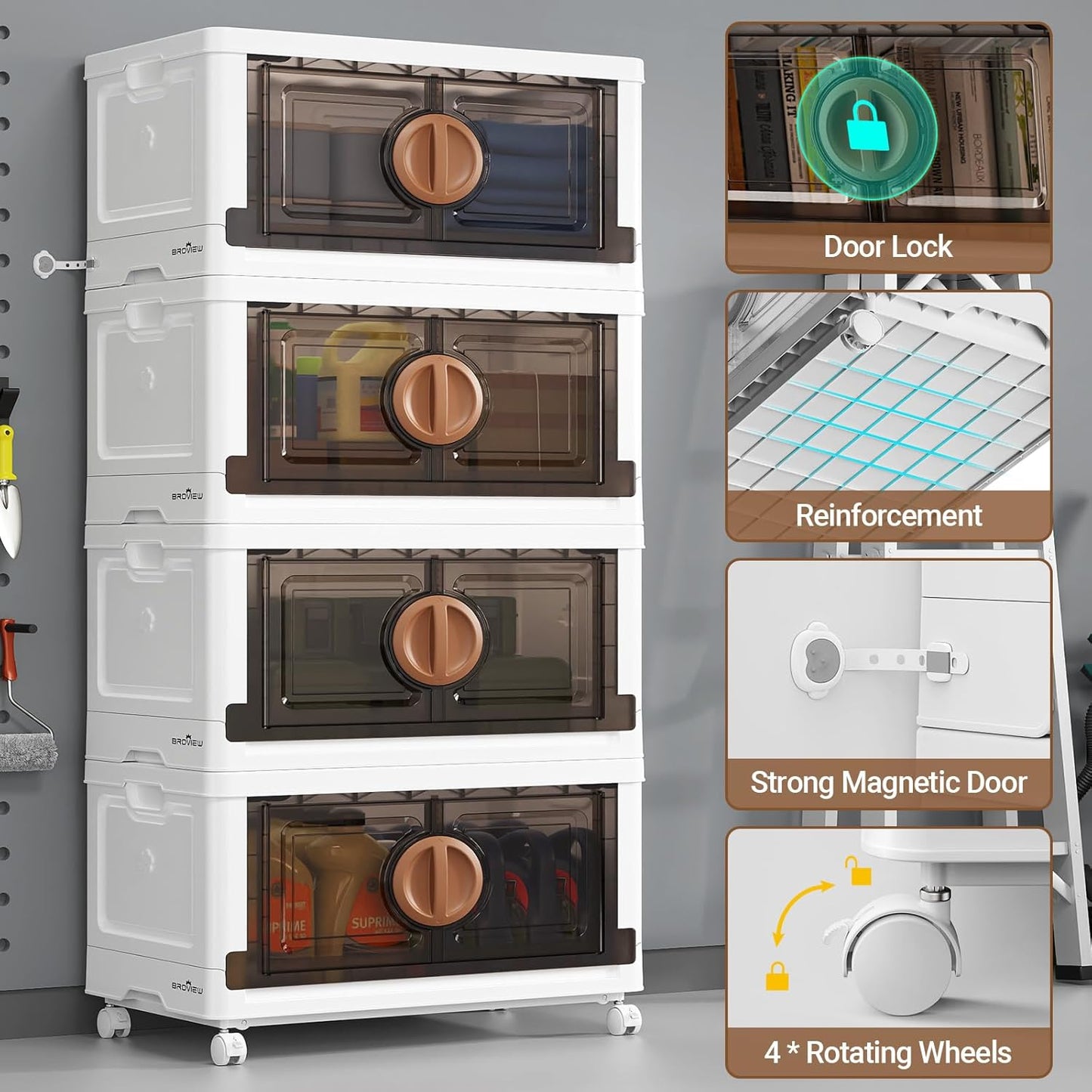 BROVIEW 480Qt Lockable Stackable Storage Bins with Lids, Closet Organizers and Storage Drawer, Collapsible Storage Bin with Wheels, Plastic Cabinet for Toy Clothes Dorm Organizer, V9 4 Pack Brown