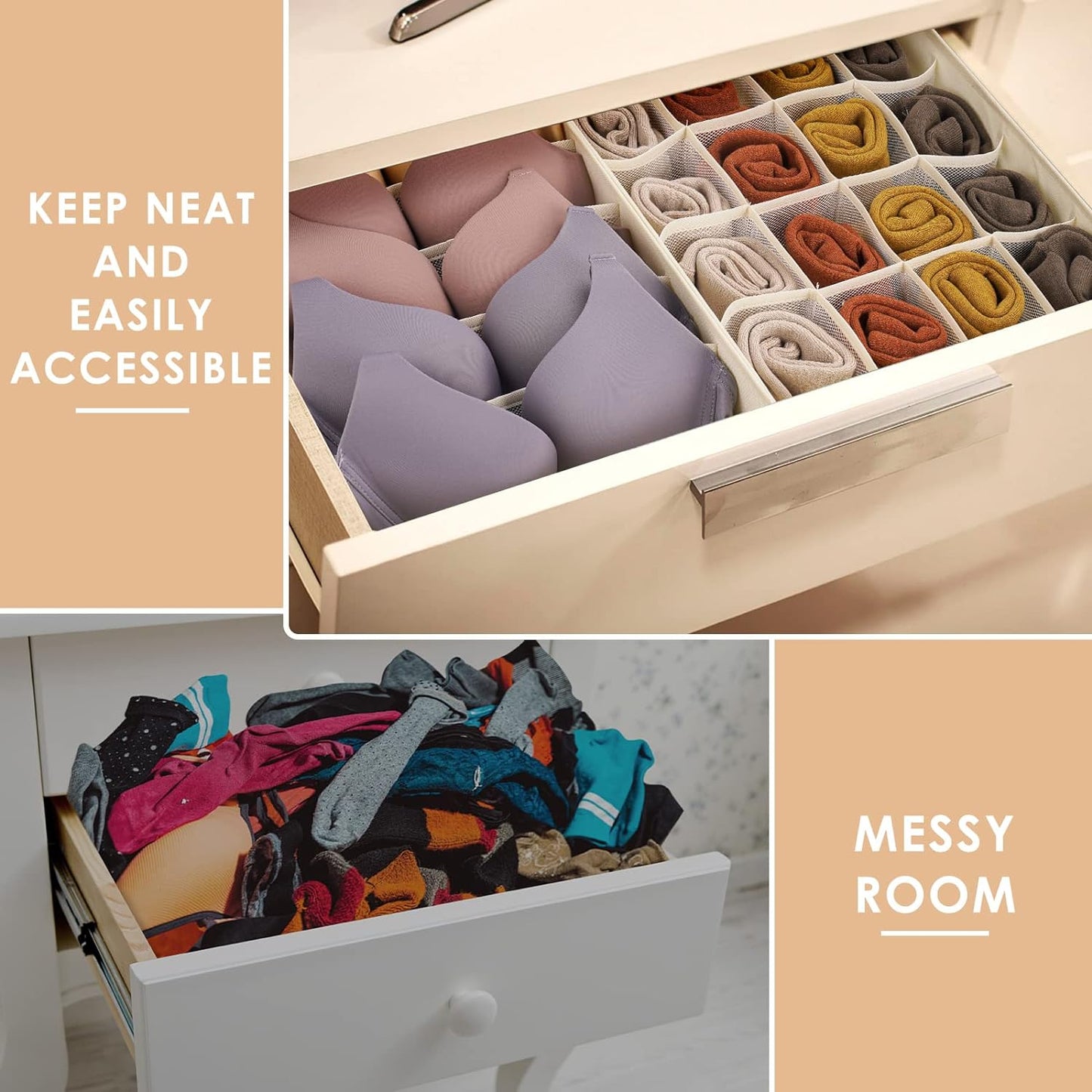 3 Pack Bra Underwear Drawer Organizer Dividers, 26 Cell Fabric Foldable Dresser Closet Organizers and Storage Boxes for Baby Clothes, Bra, Socks, Underwear, Ties (5+5+16 Slots, Beige)