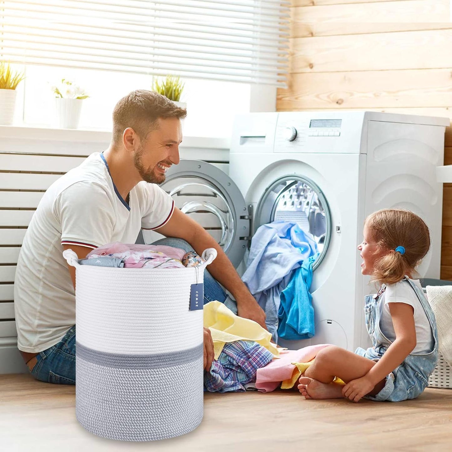 COMSE Extra Large Blanket Basket, Tall Woven Storage Basket, Nursery Hamper, 15.7”x 21.7”, Cotton Rope Laundry Hamper for Toys Clothes Towels, Blend White/Gray