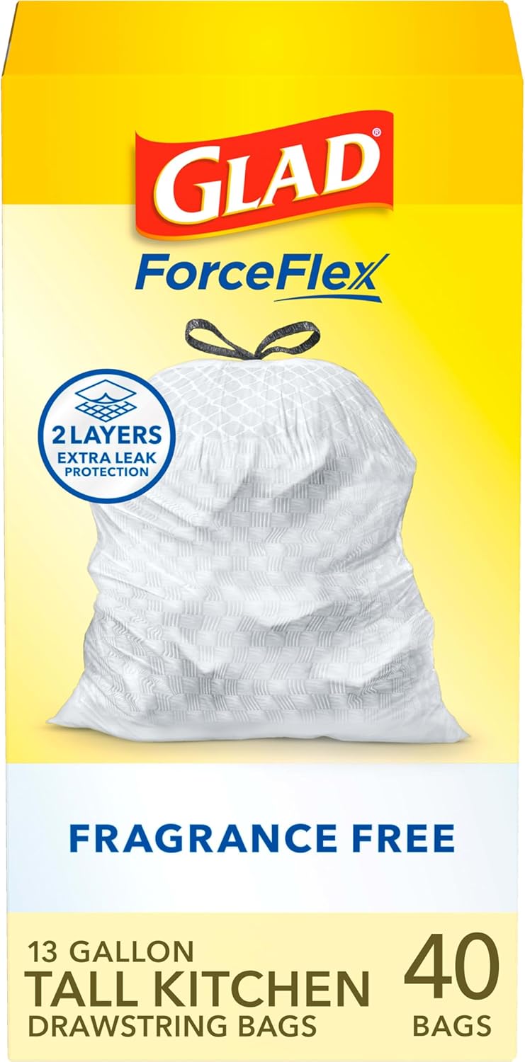 Glad ForceFlex Tall Kitchen Drawstring Trash Bags, 13 Gal, Fragrance Free, 40 Ct (Package May Vary)