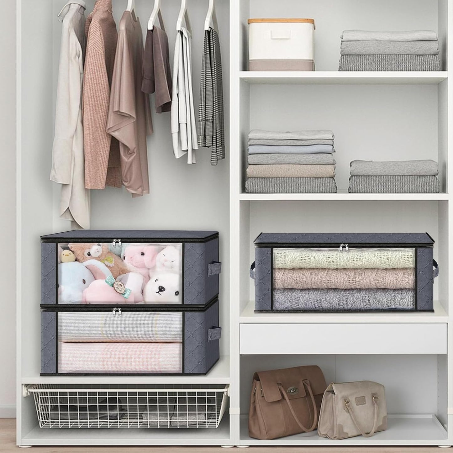 HomeHacks Storage 4-Pack Clothes Organizer Storage Bags Foldable Storage Box with Large Clear Window Sturdy Handles for Closet, Dorm, Pillows, Bedding, Clothes, Stuffed Toys, Blankets, Grey