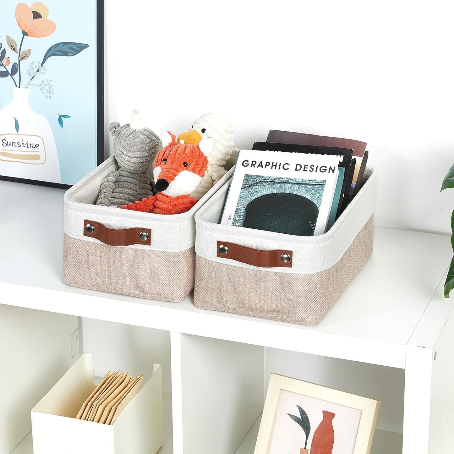 DULLEMELO Collapsible Fabric Storage Bins - Set of 2, 11.8x7.9x5.1 Inch, White & Khaki