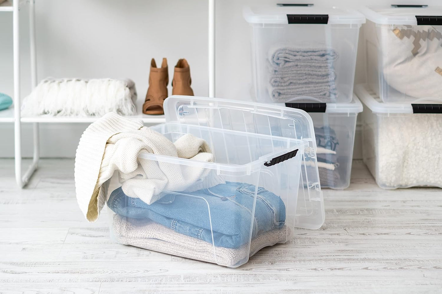 IRIS USA 40 Qt Stackable Plastic Storage Bins with Lids, 6 Pack - BPA-Free, Made in USA - See-Through Organizing Solution, Latches, Durable Nestable Containers, Secure Pull Handle - Clear