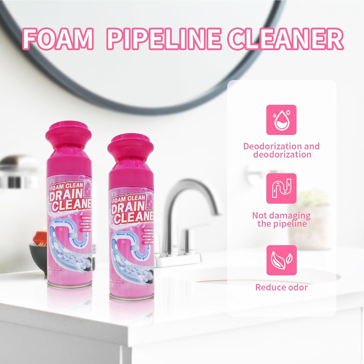 Foam Drain Cleaner, Drain Sink Cleaner and Deodorizer, Clog Remover for Kitchen, Sinks, Tubs (2 Pcs)