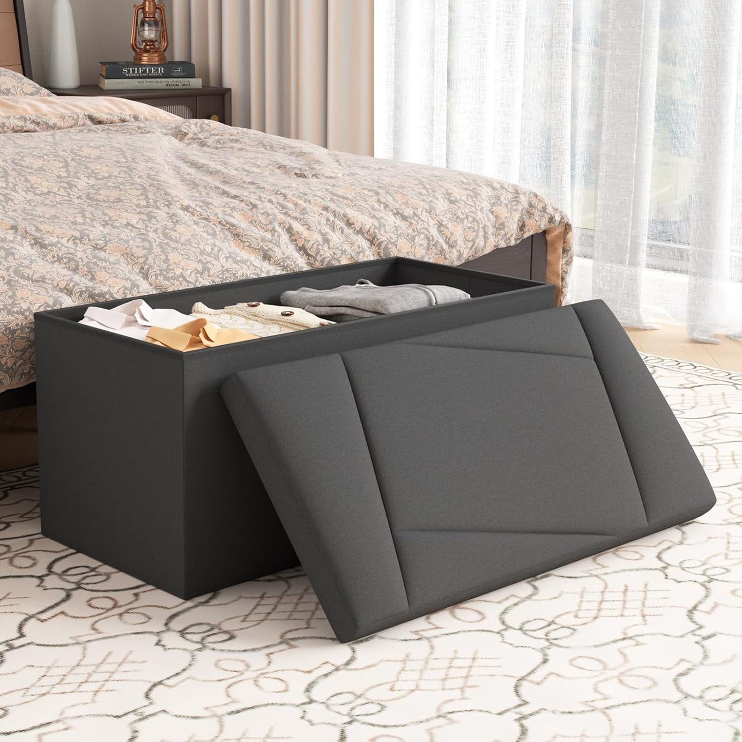 Folding Storage Ottoman Bench, 30 Inches End of Bed Bench Folding Ottoman Storage for Bedroom, Entryway and Living Room, 30"x15"x15",Dark Gray
