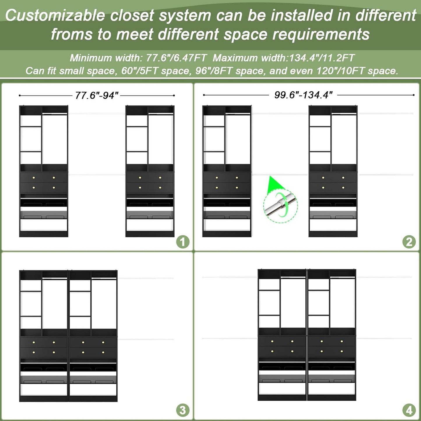 Closet System, Up to 134"/11.2 FT Closet Organizer with 4 Wooden Drawers and Shelves, Walk-in Closet System with 6 Hanging Rods, Built-in Closet Can Fit 96"/8FT, 120"/10FT, Black
