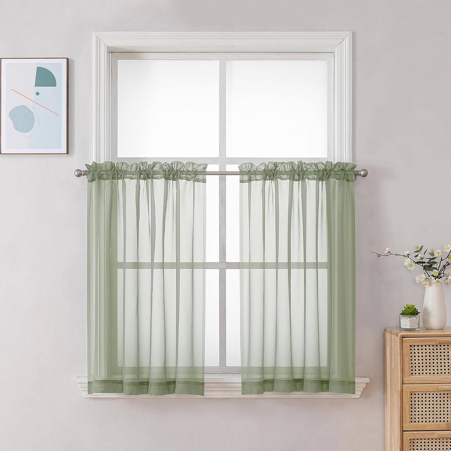 Chyhomenyc Sage Green Sheer Curtains 30 inch Length 2 Panels, Light Filtering Voile Rod Pocket Short Window Curtians for Bathroom Living Room Farmhouse Small Windows, 42Wx30L inches