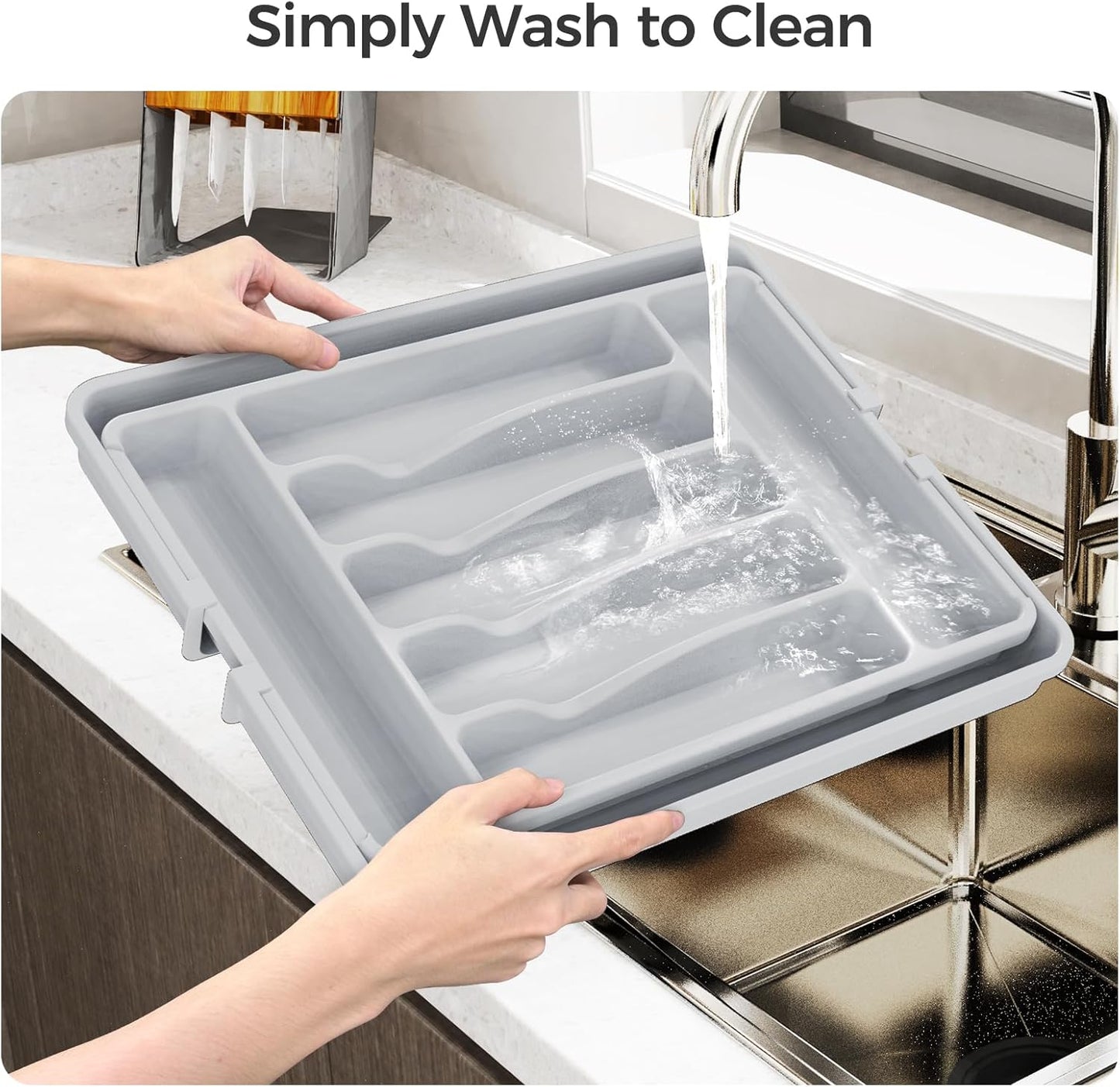 Extra Large Expandable Silverware Organizer, BPA-Free Food-Safe Cutlery Flatware Organizer, Kitchen Utensil Drawer Organizer, Adjustable Silverware Holder for Spoons Forks Knives, Gray