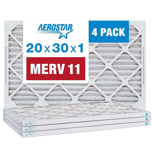 Aerostar 20x30x1 MERV 11 Air Filter, 4 Pack Set of HVAC Furnace Filters, Electrostatic MPR 1000-1200 & FPR 7 (Actual Size: 19 3/4 x 29 3/4 x 3/4 inches)