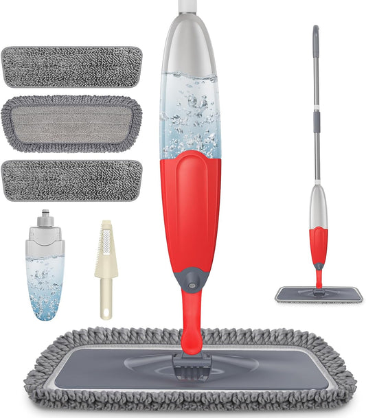 HOMTOYOU Dust Mop for Hardwood Floors: Microfiber Spray Mop for Cleaning Laminate Wood Tile Home Kitchen - 3 Washable Reusable Pads & 1Pcs 400+ML Refillable Bottle