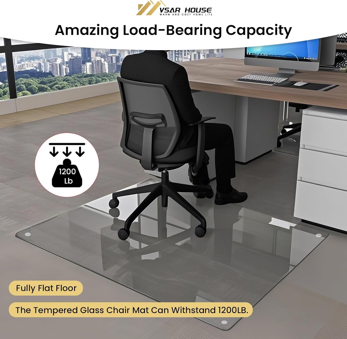 48"x31" Tempered Glass Chair Mat, Heavy Duty Glass Office Floor Mat for Carpet or Hardwood Floors, with Non-Slip Pads, Round Corner and Polished Edge, Effortless Rolling, Thick 1/5"