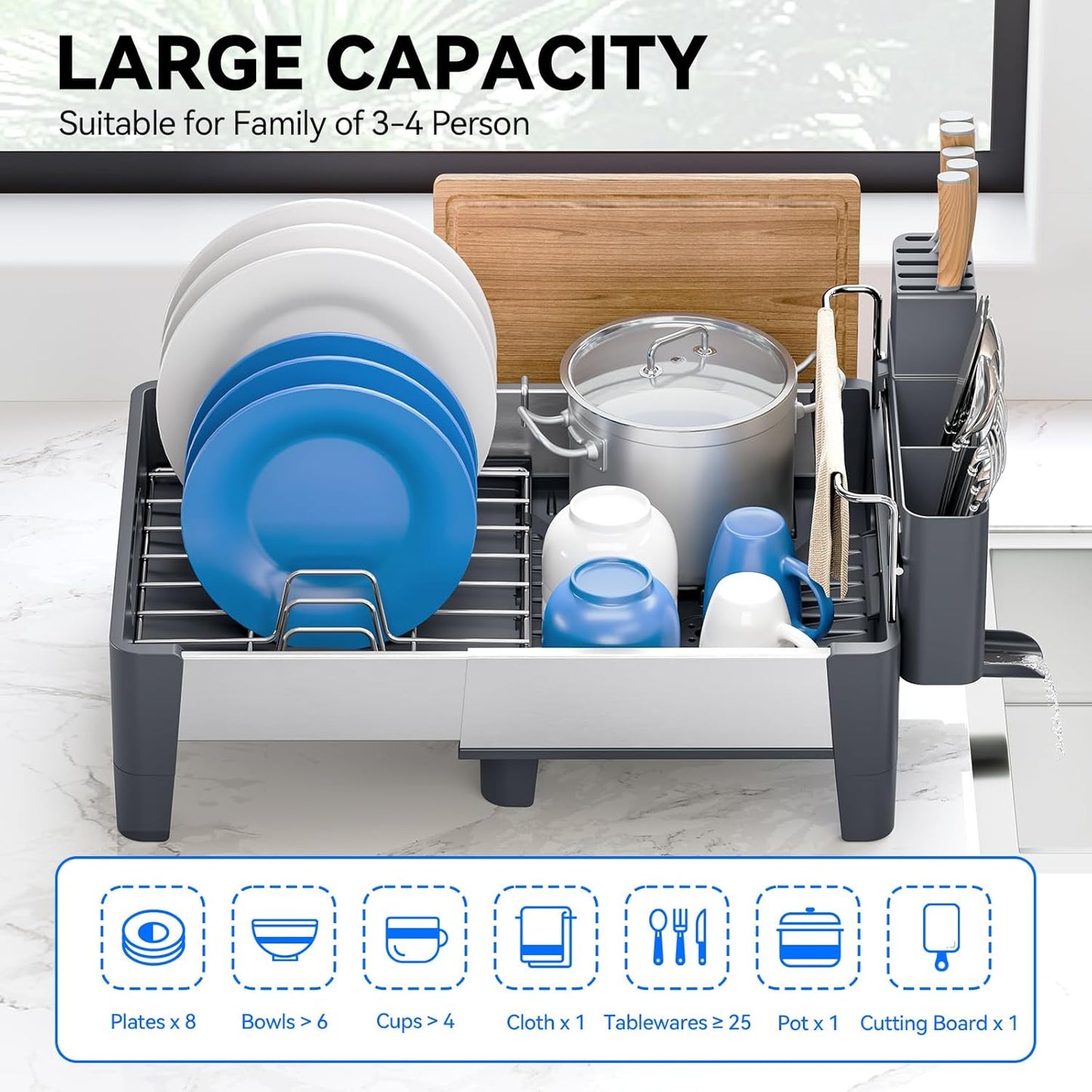 Expandable Dish Drying Rack, Stainless Steel Dish Rack with Aluminum Frame, Dish Drainer for Kitchen Counter, Space Saving Kitchen Drying Rack with Movable Utensil Holder,Gray