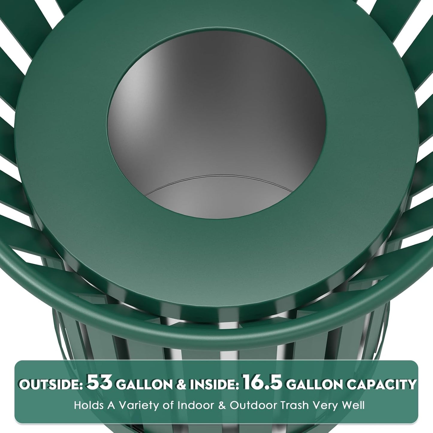 16 Gallon Round Large Outdoor Trash Can, Heavy Duty Metal Slatted Garbage Can Outdoor, All Weather Resistant Commercial Garbage Cans, Waste Receptacle in Park, School, Beach, Patio (Green, Large)