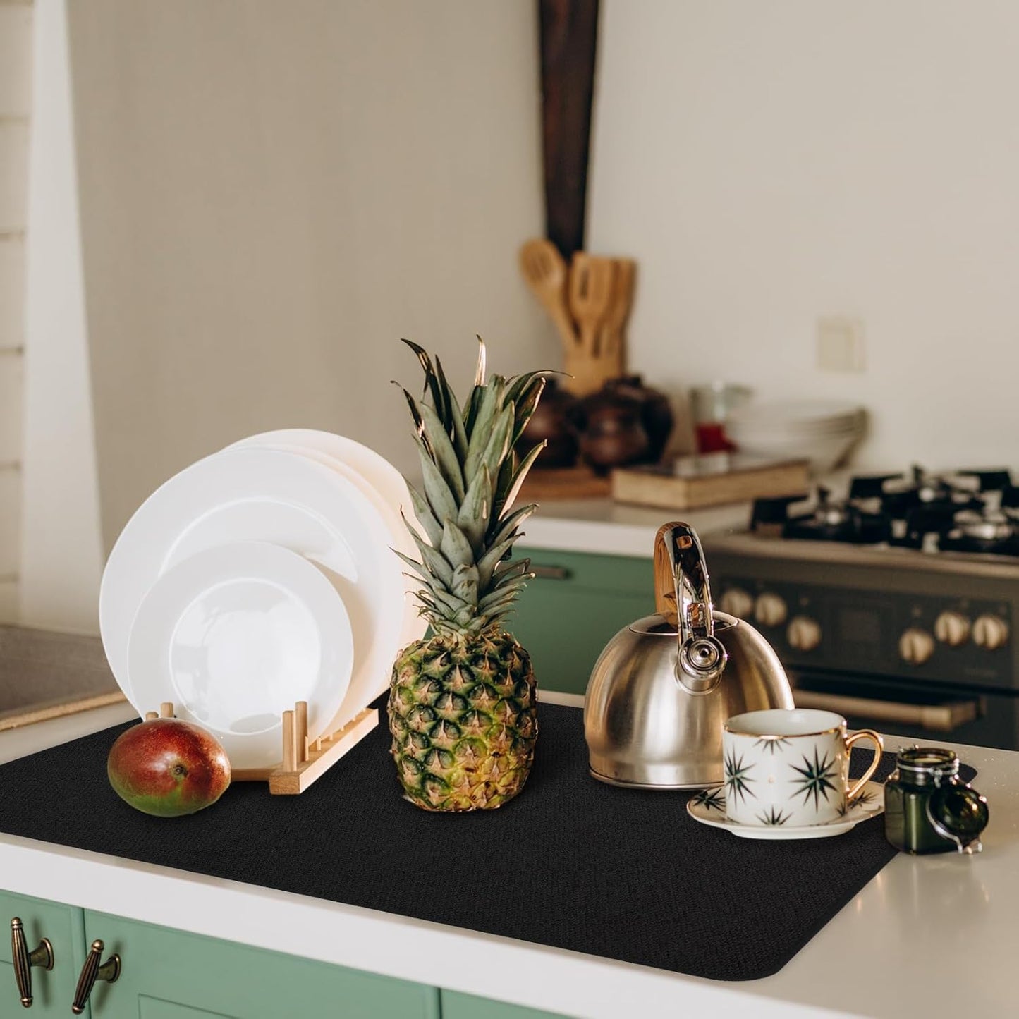 Hushee 2 Pack Extra Large Dish Drying Mat Microfiber Absorbent Dish Drying Pad Large Size Dishes Drainer Mats for Countertop, Sink, Refrigerator or Dryer (30 x 24 Inch,Black)