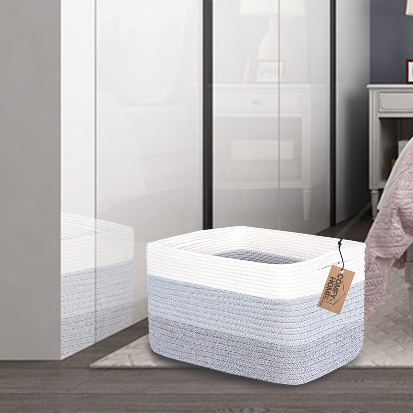 COMFY-HOMI 3PACK Cotton Rope Woven Basket With Handles for Shelves, Toy, Book, Cloth Storage Basket for Organizing|13.5" x 11" x 9.5" Decorative Nursery Cube Bin for Living Room（White / 3-Tone Grey）