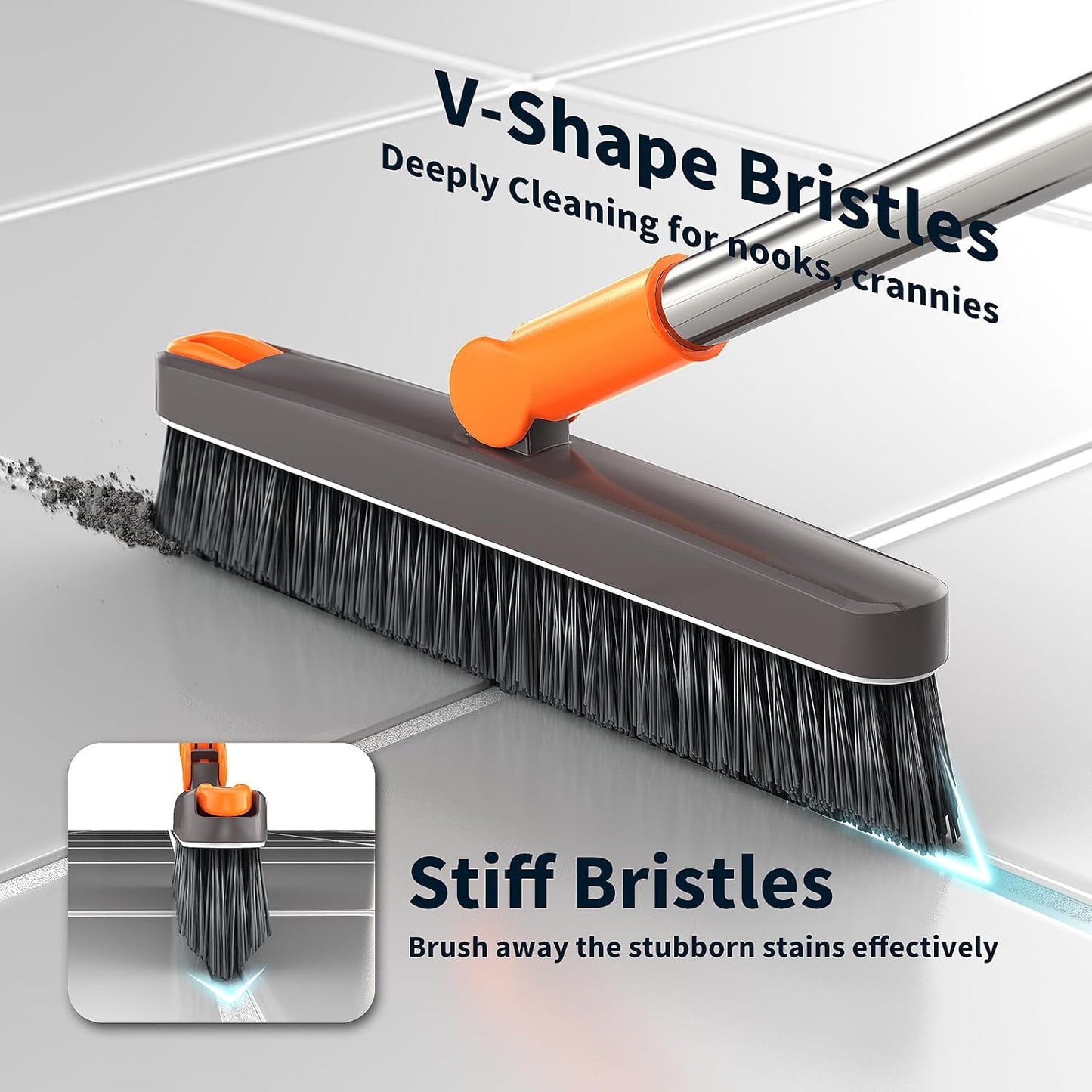 AIR U+ Grout Brush with Long Handle 180° Swivel Scrub Brush with Tweezers to Hair Clip V-Shape Grout Line Scrubber Stiff Bristles for Deep Cleaning Crevice, Tile Line, Shower, Kitchen, Corners