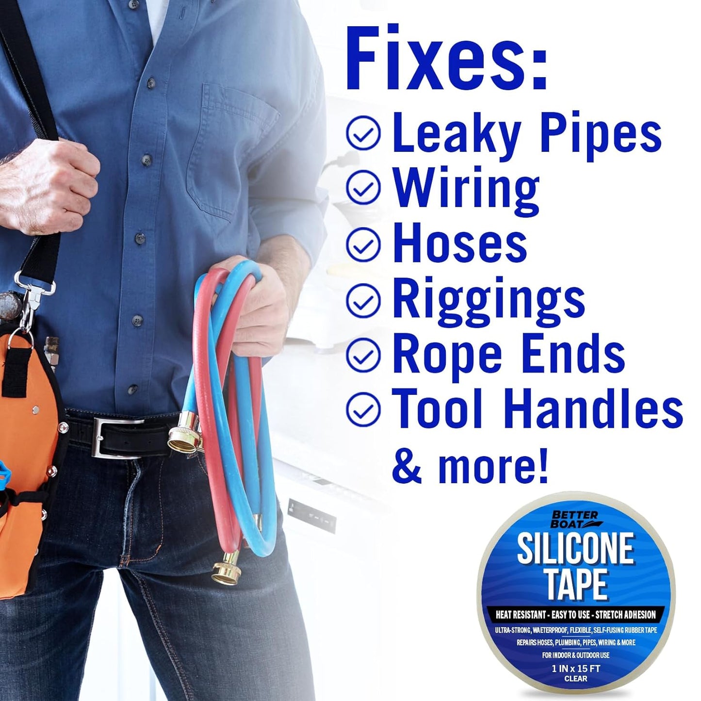 Clear Heavy Duty Silicone Tape, Self-Fusing Rubber Hose and Plumbing Water Pipe Repair Seal, Coax Electrical or Waterproof Tape for Leaks, 15ft