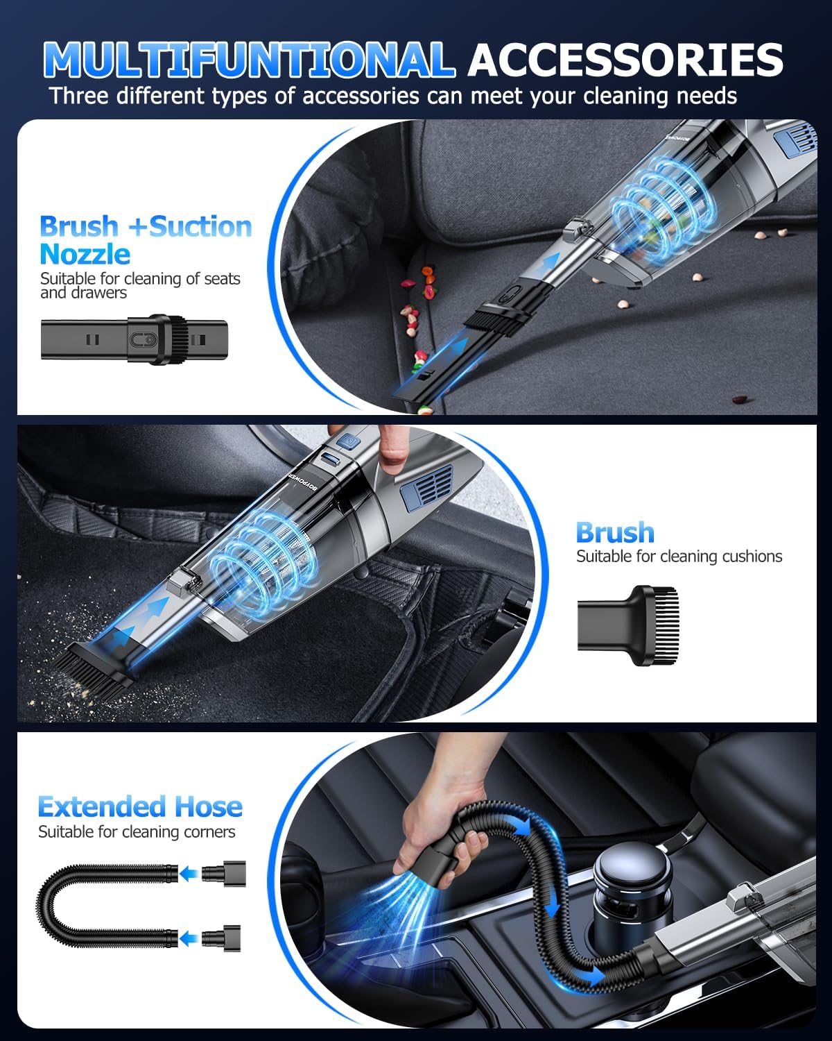 BQYPOWER Handheld Vacuum Cordless, 16000PA Strong Suction Hand Held Vacuum Dust Busters Cordless Rechargeable with Multiple Accessories, Portable Car Vacuum Cleaner High Power for Car Home Office
