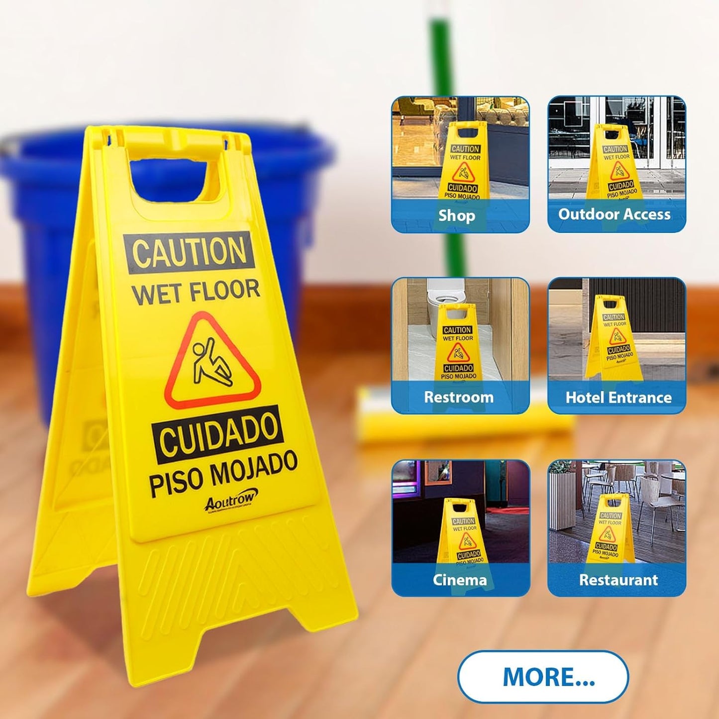 Caution Wet Floor Sign, Bilingual Foldable Safety Sign (17.12in x 8.38in x 0.94in), Yellow (1 Pack)