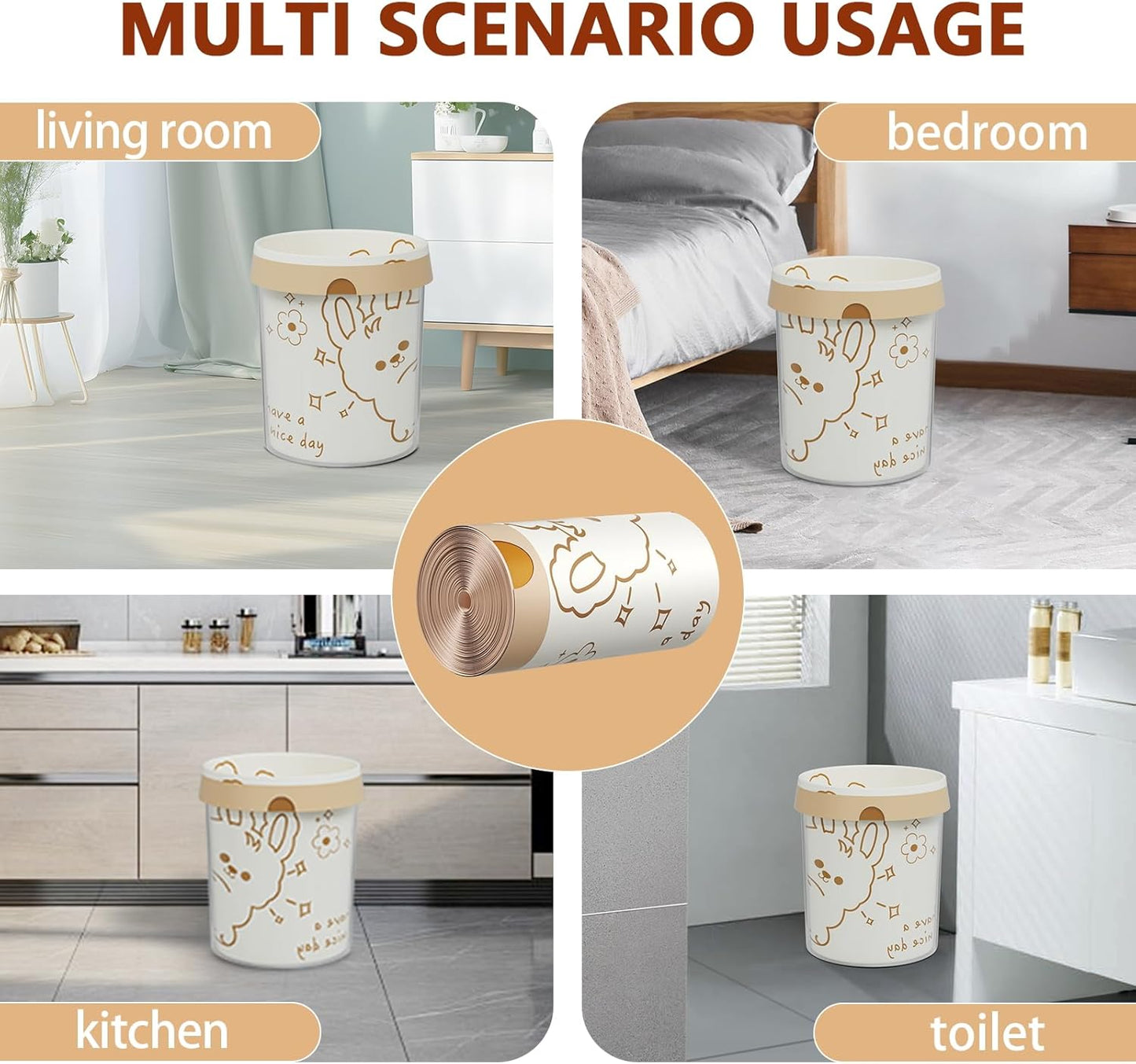 4 Gallon Trash Bags with Cute Rabbit Printed & Drawstring, Tear-Resistant Small Bathroom Garbage Bags, Heavy-Duty Trash Can Liners for Home/Office, 60 Counts