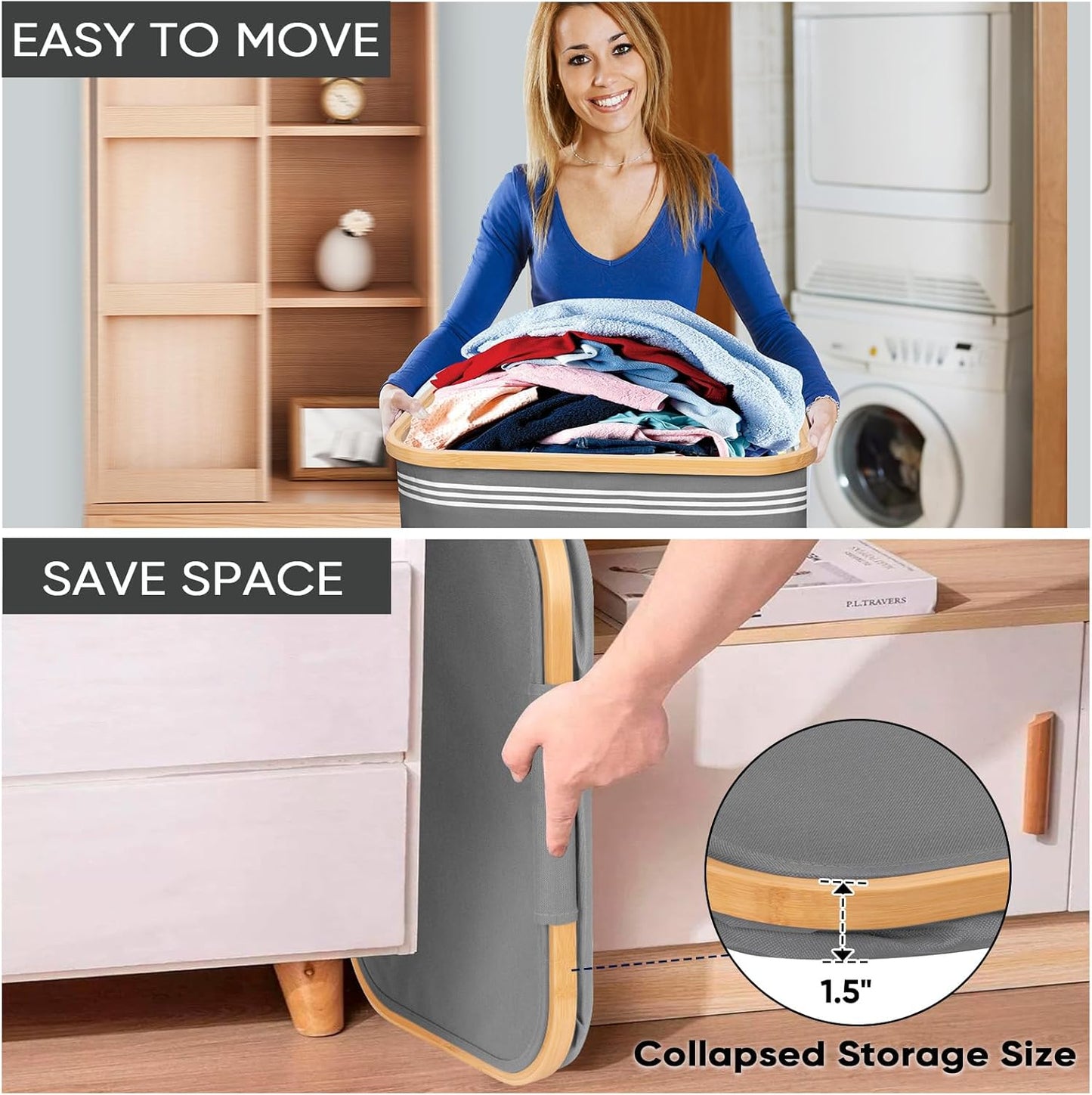 BALEINE Laundry Hamper with Lid, Tall Laundry Baskets with Bamboo Pull Handles, Large Laundry Bin with Internal Support (36 Gal/140L, Grey Pinstripe)