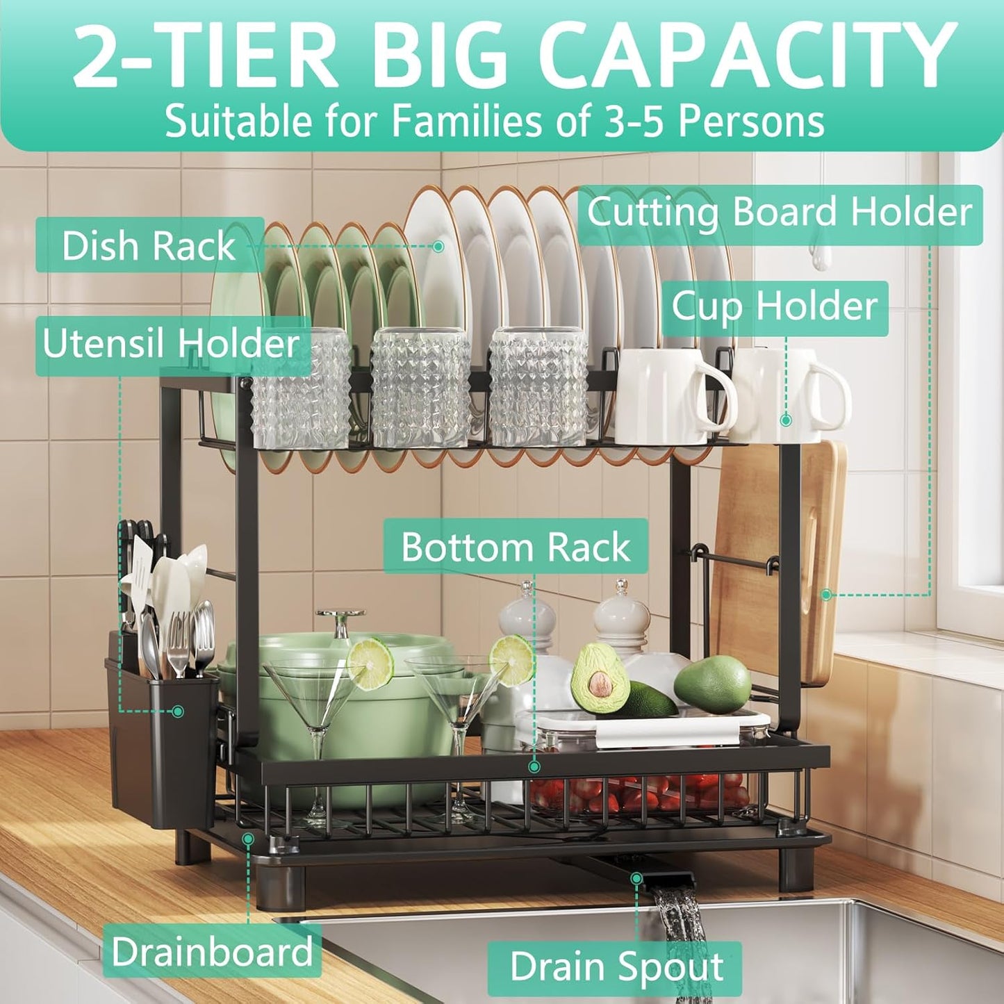 Dish Drying Rack, 2 Tier Space-Saving Dish Rack, Multifunctional Dish Drainer for Kitchen Counter with Drainboard/Utensil/Cup Holder Rustproof Carbon Steel, Black