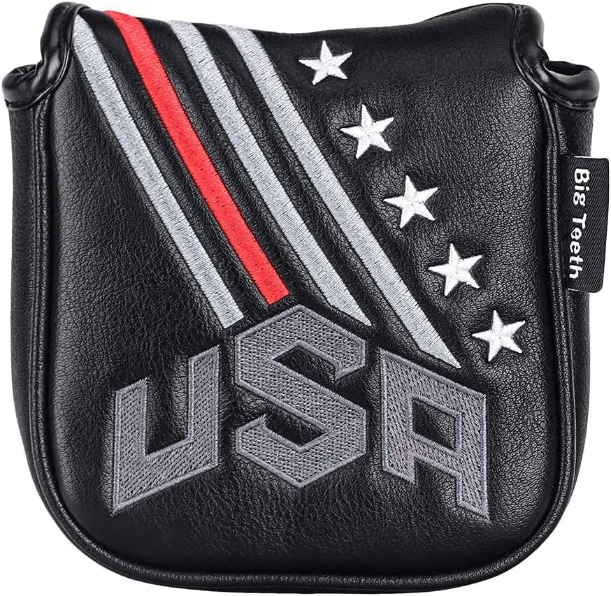 Big Teeth Golf Cover USA Stripe and Star Headcover Covers, Driver Fairway Wood Hybrid Headcovers Fits Blade Mallet Putter Iron and Woods with Magnetic Club Protector Pu Leather Golf Accessories