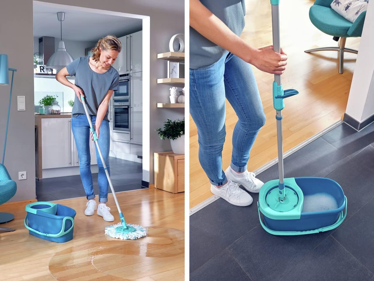 Leifheit Clean Twist Disc Mop Ergo Mop and Bucket, Floor Mop with Moisture-Controlled Spin Mop, Easy-Steer 360 Joint Microfibre Mop Head, 33cm Wide, Twist Mop