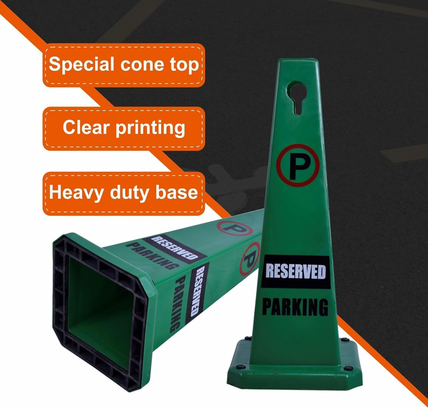 4-Pack 26.5" Caution Cones, 4-Sided Visible Safety Signs with Heavy Rubber Base, Warning for Slip & Fall Prevention, Indoor/Outdoor Use (Green, 4Pcs-Reserved Parking)