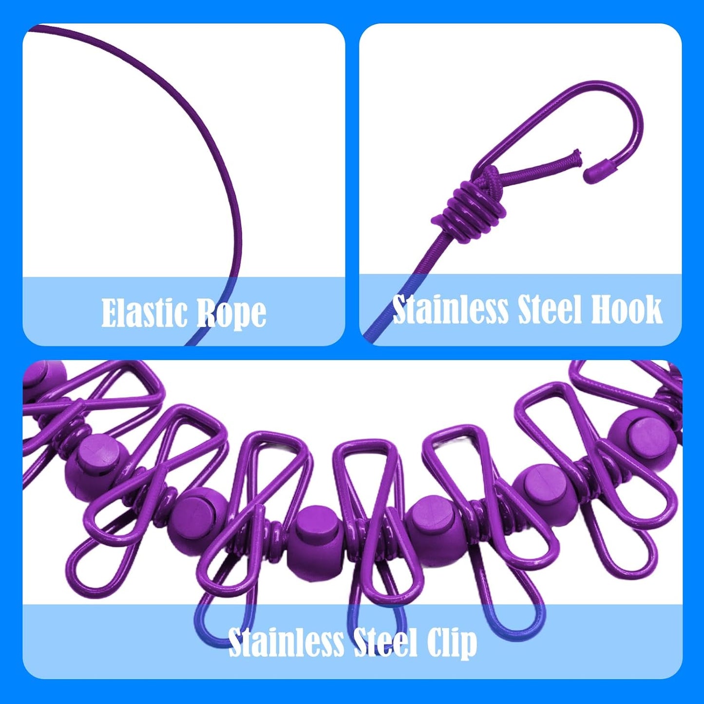 2 Pack Camping Clothesline Portable 12 Clothespins, Purple Camping Accessories Travel Clothesline for Outdoor Indoor, Retractable Clothes Line Elastic Clothesline for Camper Hotel Room