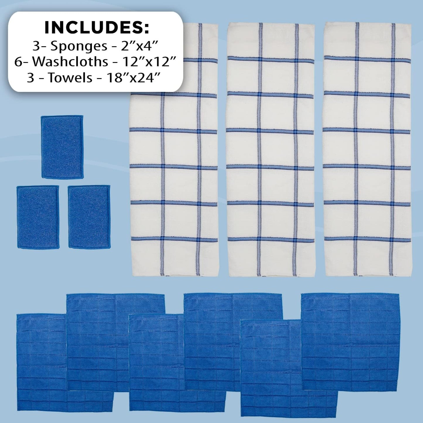 Don Aslett's 12 Piece Microfiber Kitchen Set | 6 Multi-Purpose Wash Cloths, 3 Super Absorbent Kitchen Towels, 3 Scratch-Free Sponges | Lint Free | Green
