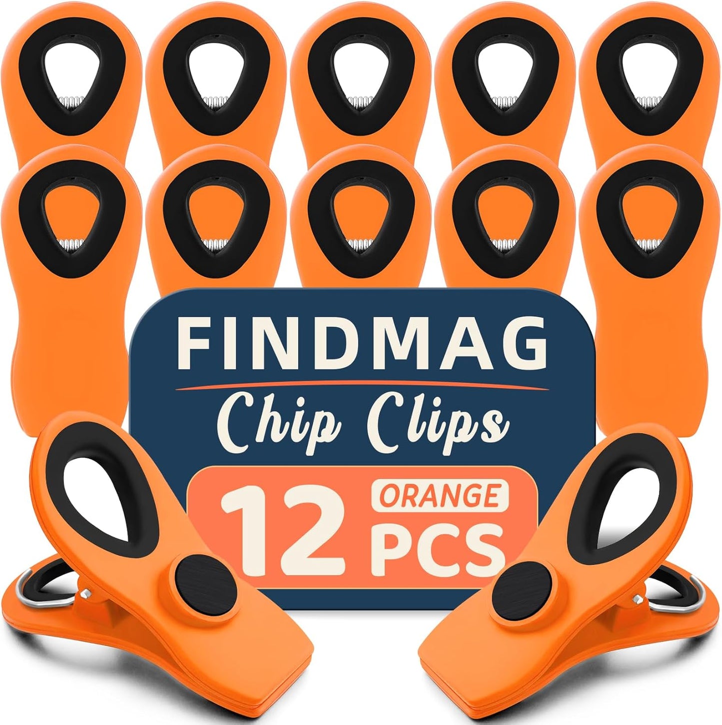 FINDMAG 12 Pack Big Chip Clips, Orange Magnetic Clip for Plants, Plastic Snack Clips for Bags, Food Sealing Clips with Magnet for Chips, Snacks, Fridge and Food Organization