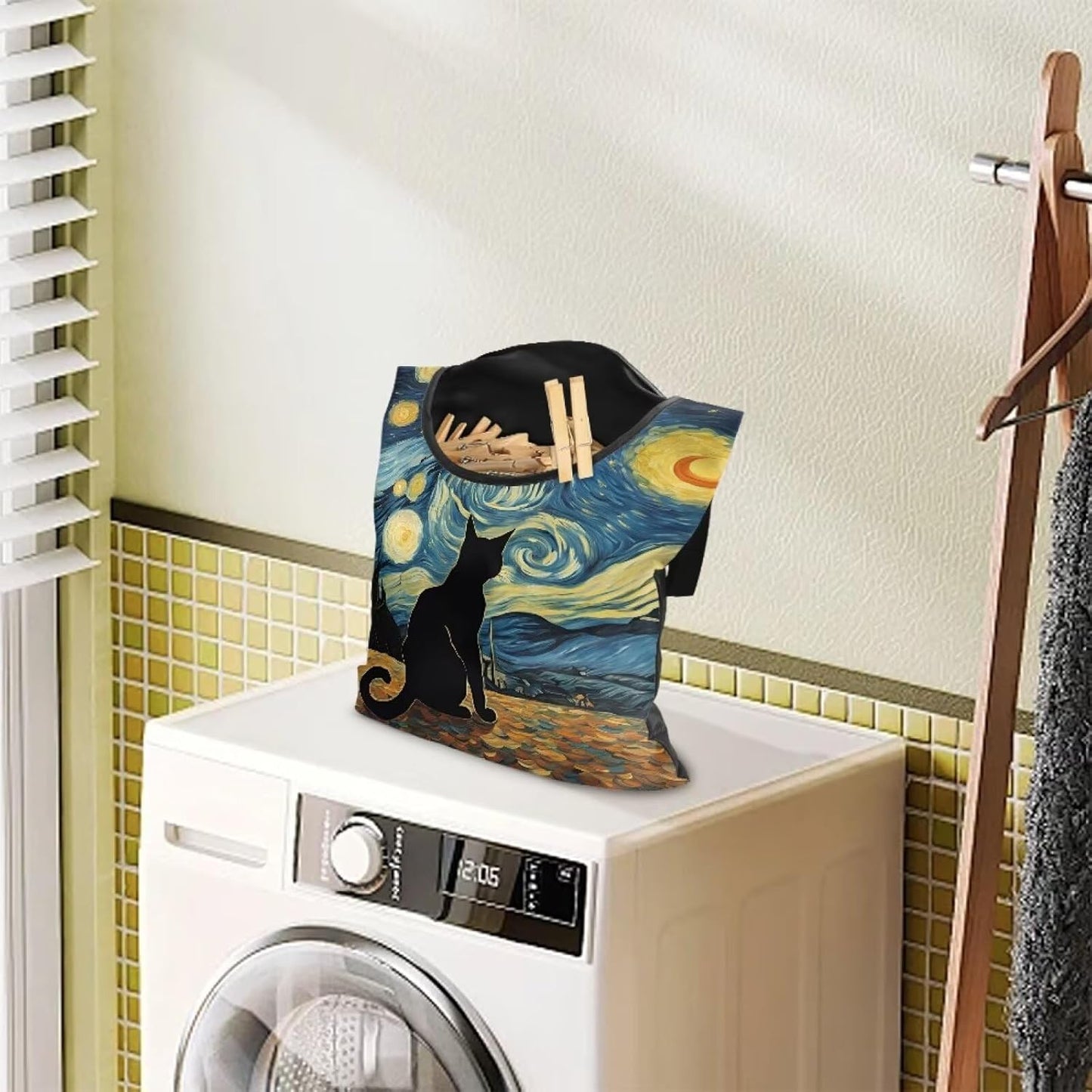 Button Fastening Clothespin Holder 14.5"x12" - Large Access Opening with Durable Binding - Professional Grade Hanging Organizer for Daily Laundry Needs Starry Night Kitten Print